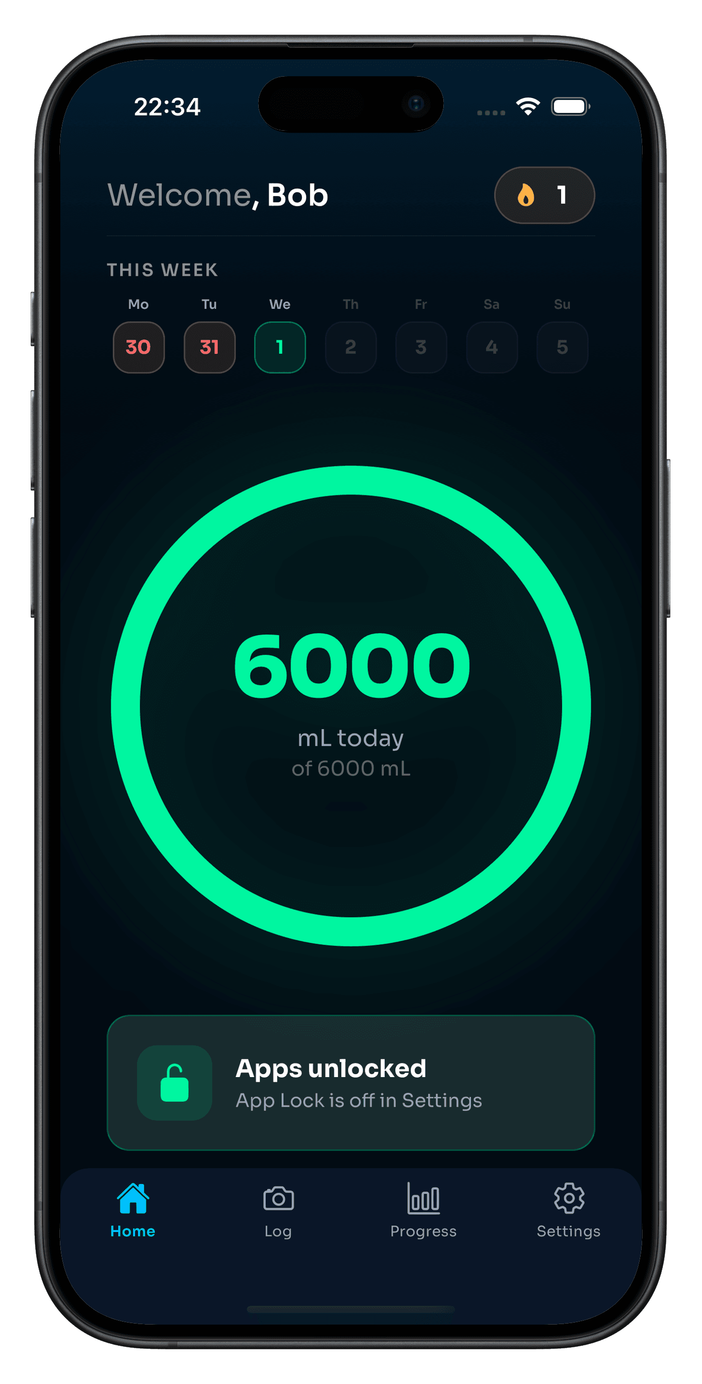 Aqua Lock home screen showing daily water goal, app lock status, and week view
