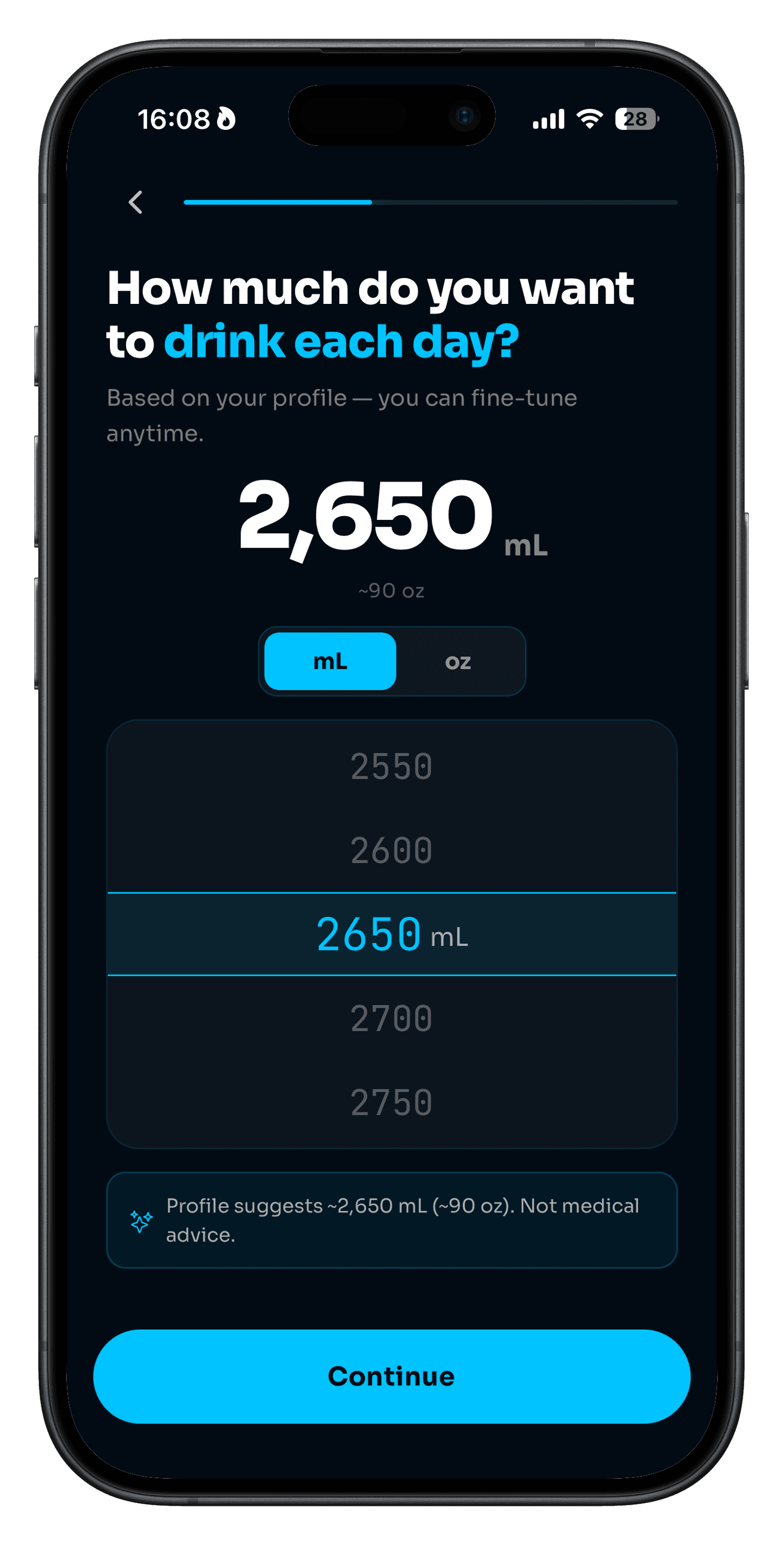 Aqua Lock daily hydration goal screen with mL picker