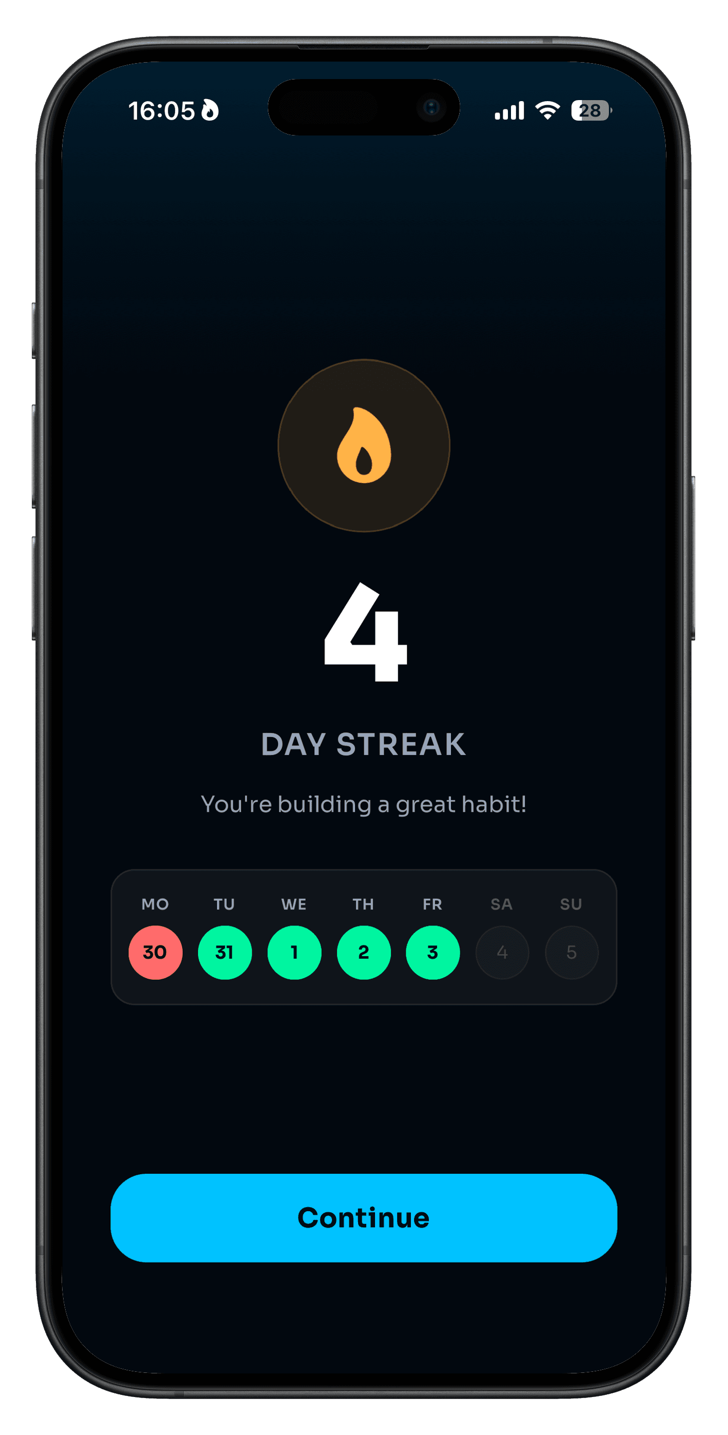 Aqua Lock day streak screen with weekly progress